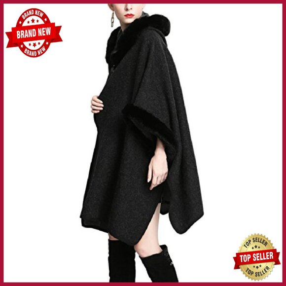 Luxury Batwing Sleeve Faux Fur Hooded Cloak Poncho Sweater Cape - Picture 5 of 8